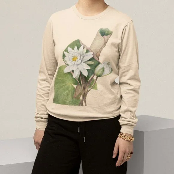 American White Waterlily Floral Print Long Sleeve Graphic Tee T-shirt S M L XL - Picture 4 of 6
